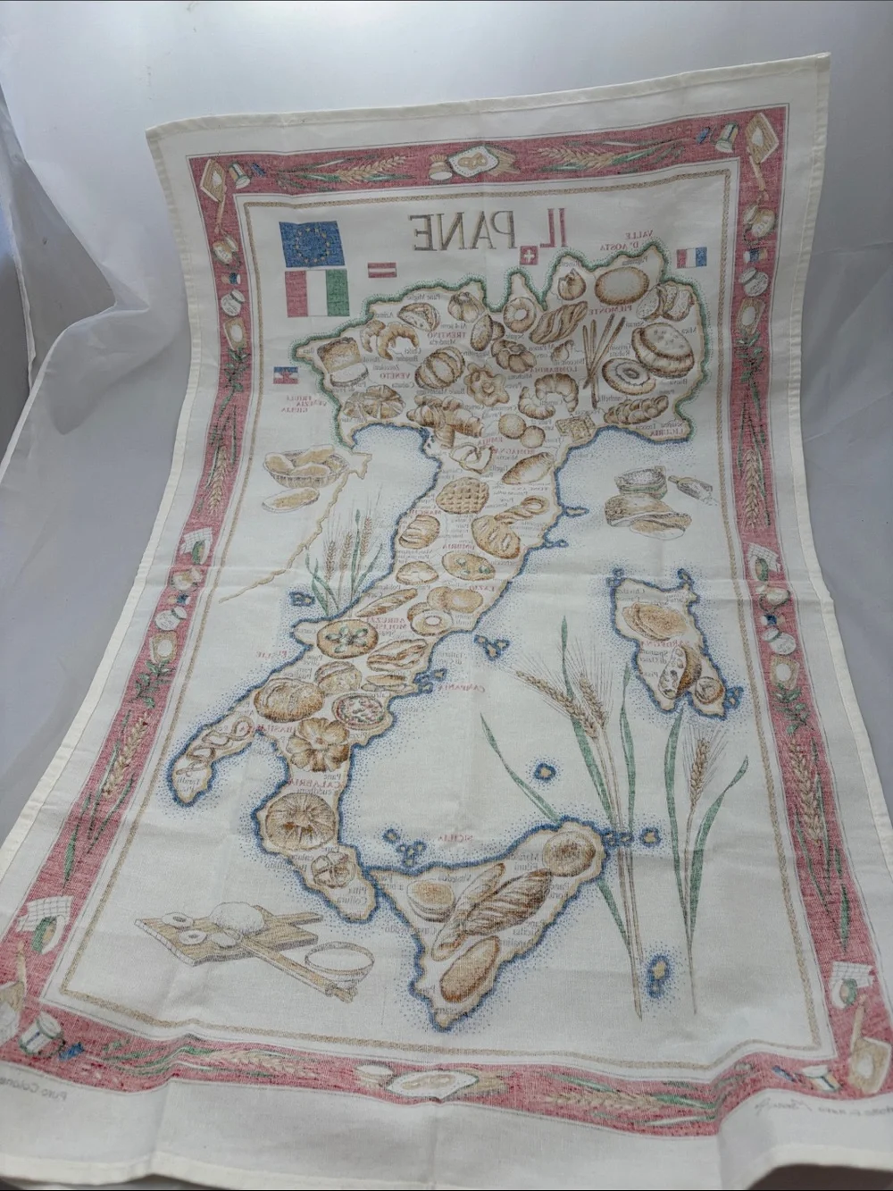 MonveniR Vintage Italian Il Pane Bread Map Tea Towel - Red, Cream, Blue